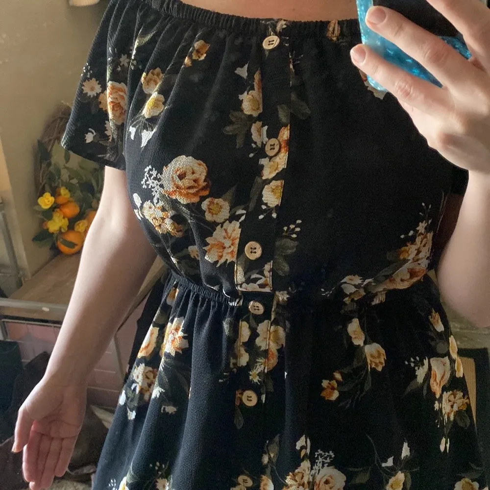 Large off the shoulder or on dress black floral button details elastic waist - Image 5