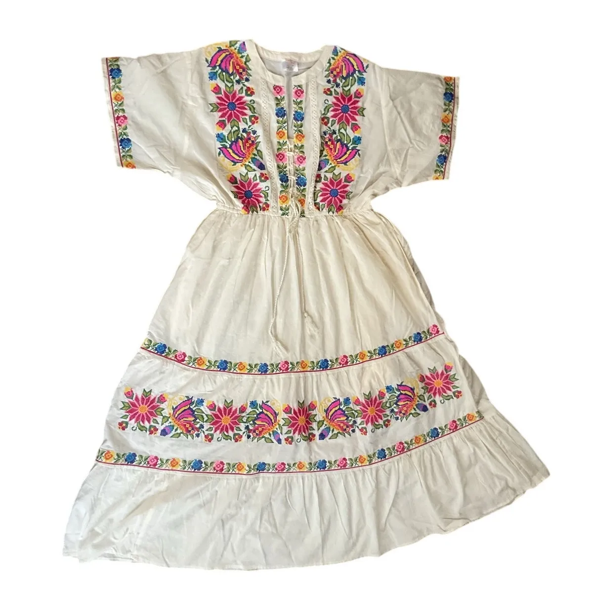 Mexican Embroidered Floral Dress White Cotton Size XL Artesanal Boho Chic Fiesta - Image 5
