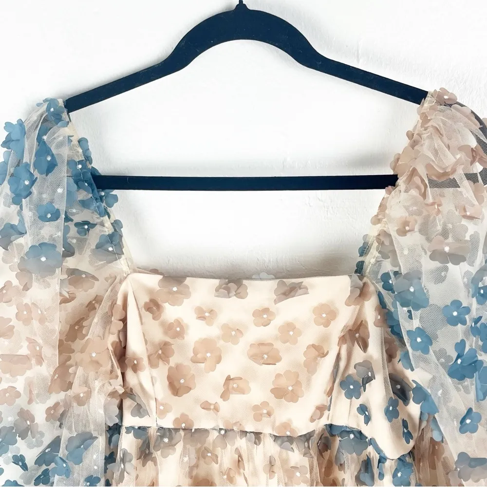 STORIA Fallin For Floral Appliqué Ombré Sheer Sleeves Babydoll Mini Dress Medium - Image 8