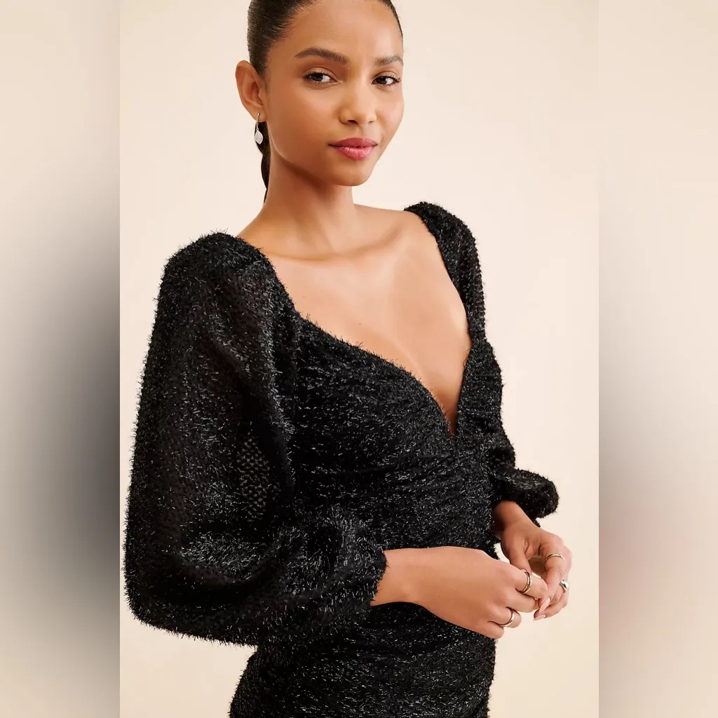 ASTR‎  Black Low Cut Long Sleeve Mini Dress Fringe Shiny Metallic Ruched Small - Image 8