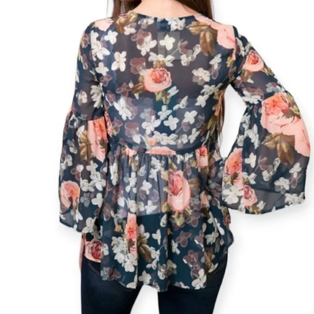 Show Me Your Mumu Sheer Floral Baby Doll Blouse Flutter Sleeves Size Medium - Image 2