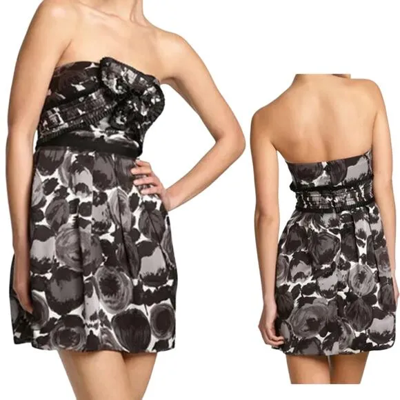 BCBGMAXAZRIA Black Combo Dress Print Rosette Tuxedo Trim Strapless Mini 02 EUC - Image 2
