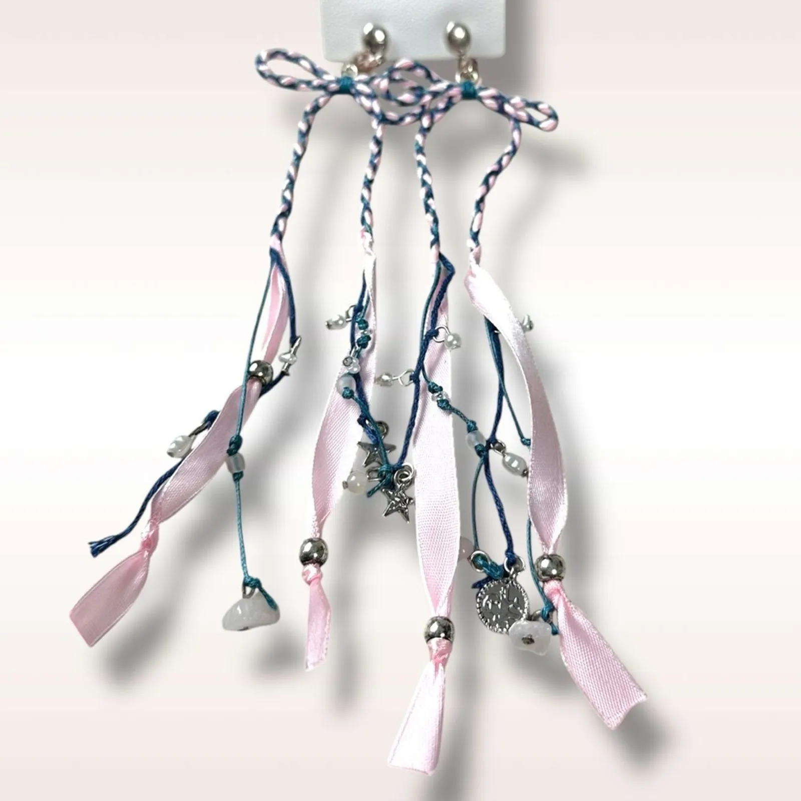 Free People Candy Baby Bow Dangle Earrings Pink Blue Braid Coquette Mermaid NWT - Image 7