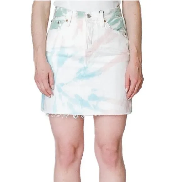 New  Pastel Tie Dye Denim Raw Hem Jean Skirt White Multicolor - Image 4