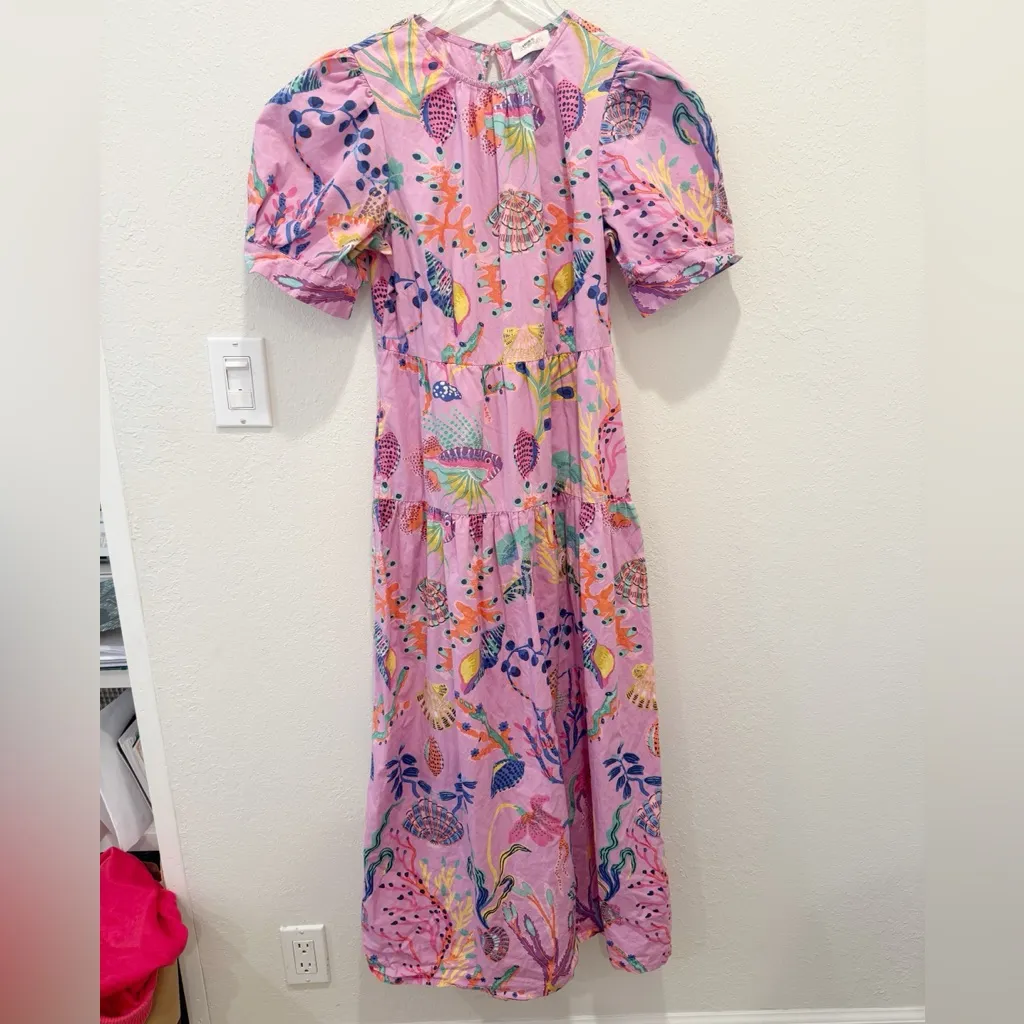 BANJANAN Valeria Midi Dress size Medium Pink Sea Beach‎ Print Puff Sleeves - Image 4