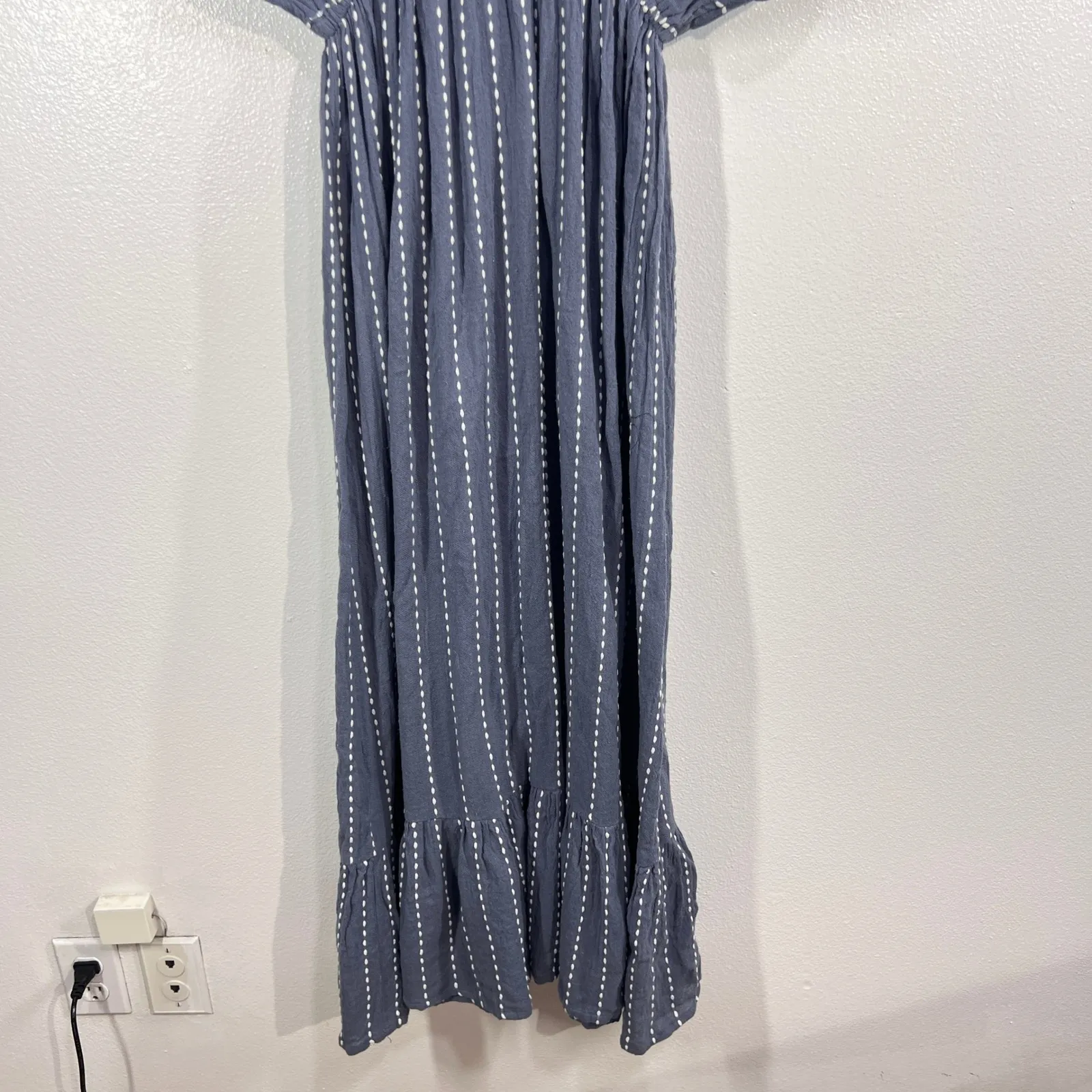 World Market Mira Blue & White Dash Stripe Kaftan DressButterfly Sleeve Smocked Size undefined - Image 5