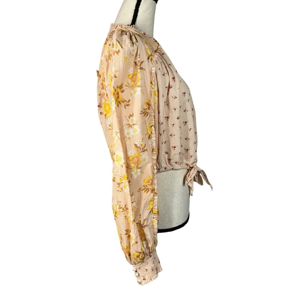 American Eagle Medium Crop Top Floral Button-Up Balloon Sleeves V-Neck Ruffle - Image 6