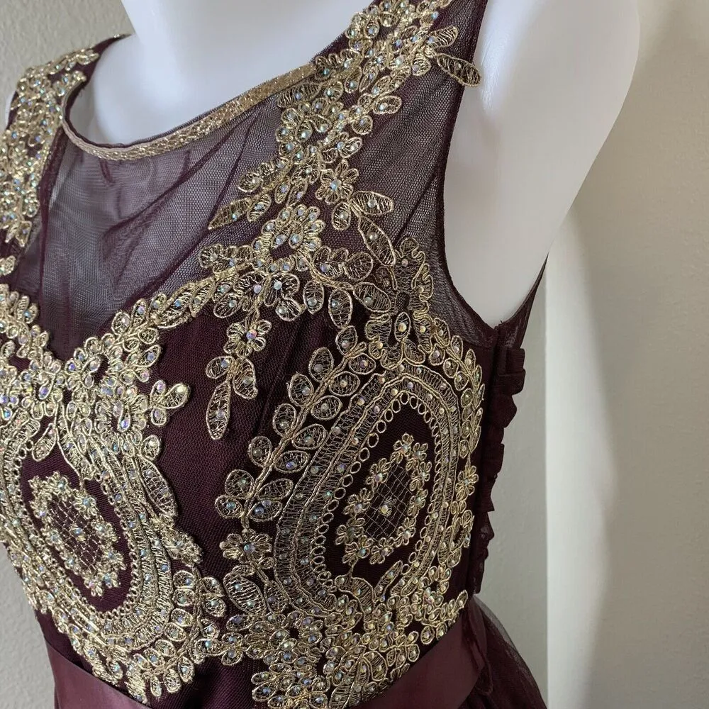 City Triangles Prom Dance Floral Burgundy Purple Sleeveless Dress Tie Jewel Sz 9 - Image 5