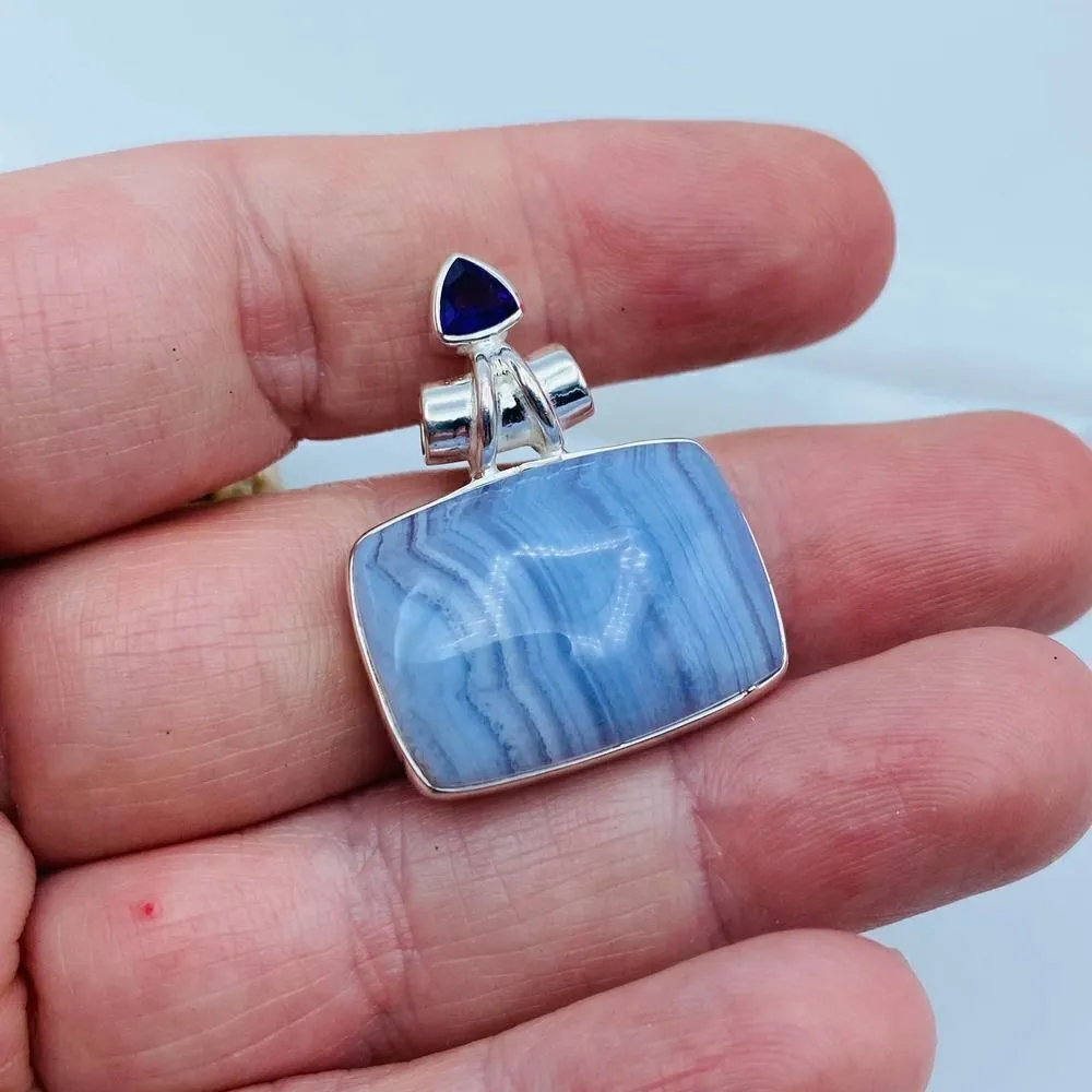 Solid Sterling Silver Blue Lace Agate and Amethyst Pendant - Image 3