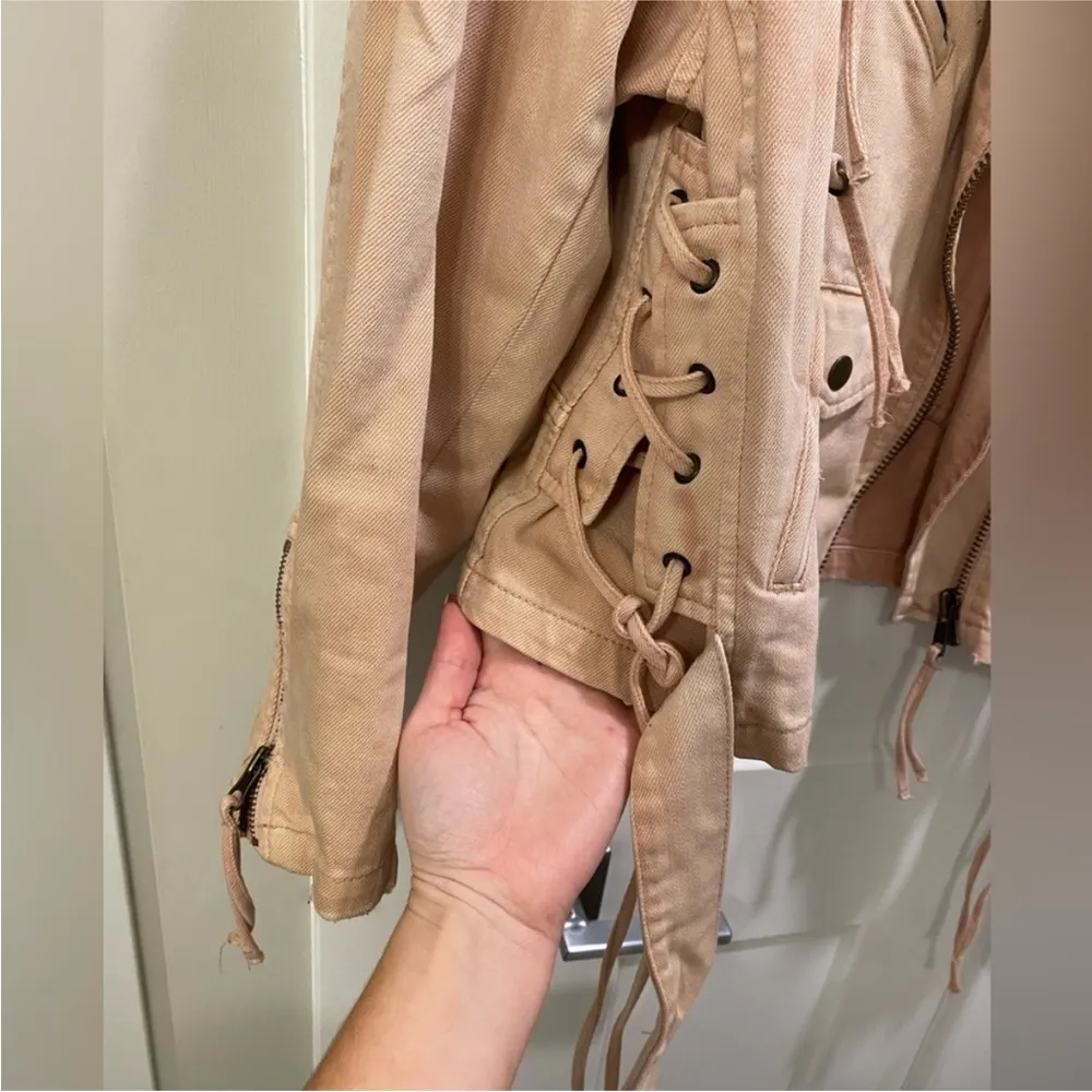 Free People Light Pink Denim Motorcycle Style Jacket - Image 8