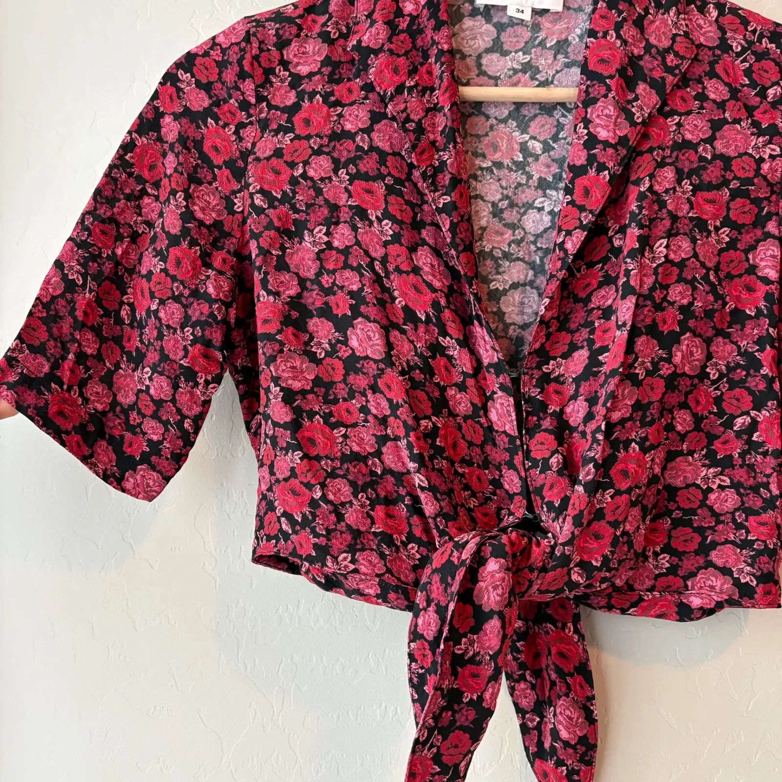 Rouje Paris Blouse Fiora Floral Red Cropped Tie Front Shirt Size 34 Black - Image 4