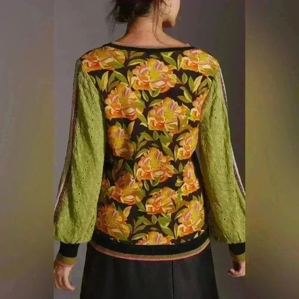 Bl-nk $130 Bl^nk Anthropologie Contrast Eyelet Pullover. Bohemian Floral XS - Image 2