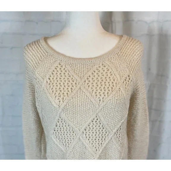 AMERICAN EAGLE Women's Sweater Crewneck Pullover Cream Cable Knit Size M - Image 4