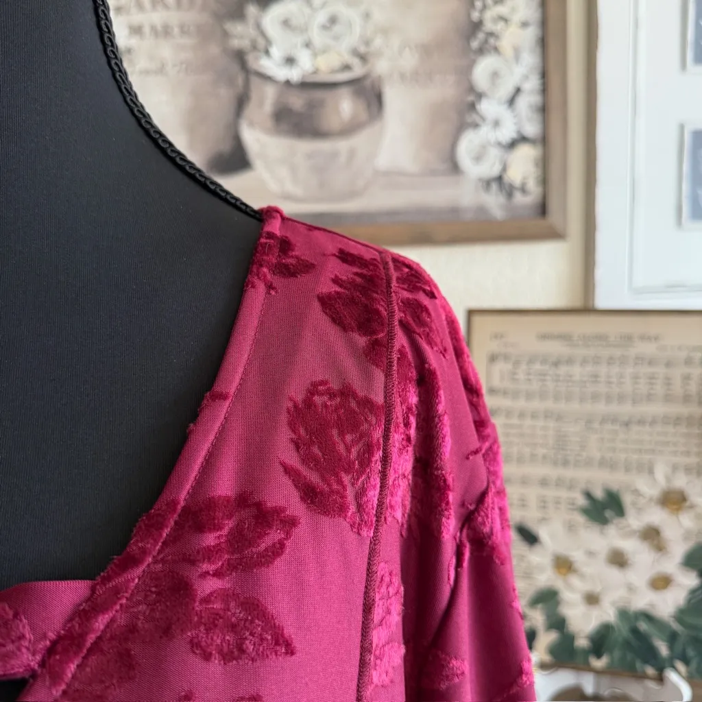 Plus Size 4X Burnout Velvet Floral Tunic Top Burgundy Red Dressy Long Sleeve - Image 8