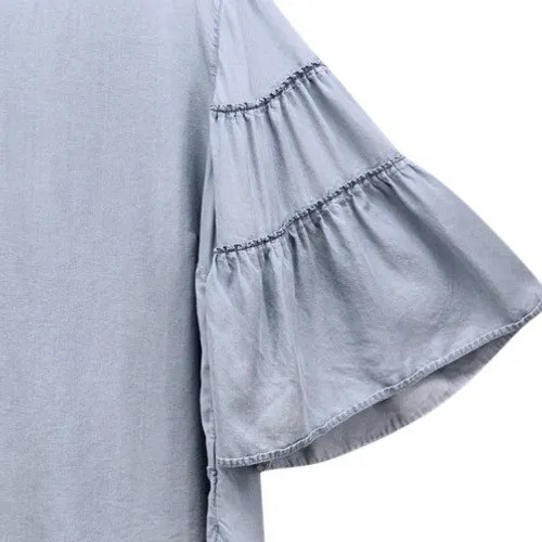 J Jill Womens Chambray Blouse Size Large Bohemian Tencel Denim Bell Angel Sleeve Blue - Image 3