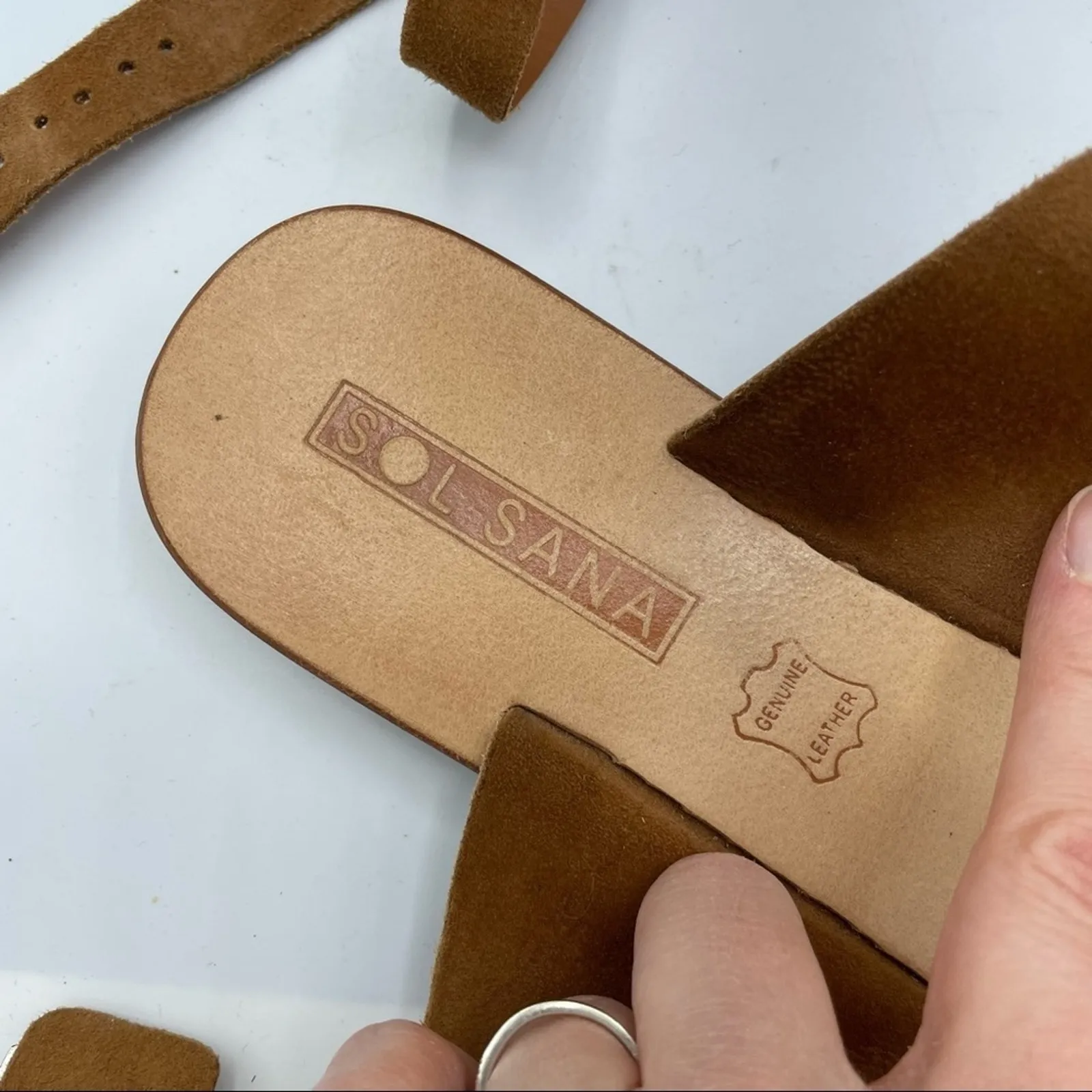 Revolve Sol Sana Tan Leather Minimalist Sandals Womens 40 Strappy Flats Beachy - Image 6