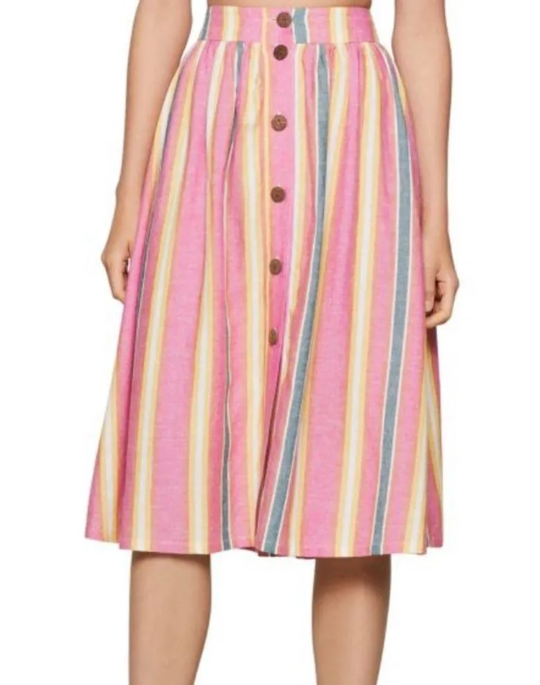 Sunrise stripe A-Line Button-front linen multi colored striped retro midi skirt - Image 2