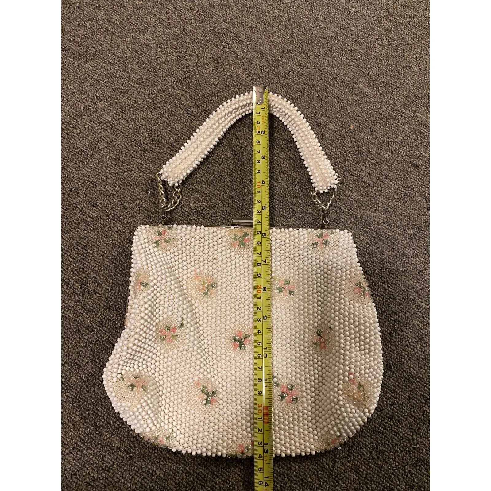 Vintage 1950’s Corde Bead Lumured Ivory Floral Clutch Handbag Purse With Handle - Image 15