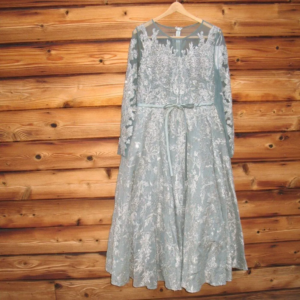 MAC DUGGAL 20337 Womens Embellished Bow Belt Illusion Long Sleeve A Line Dress - Image 6