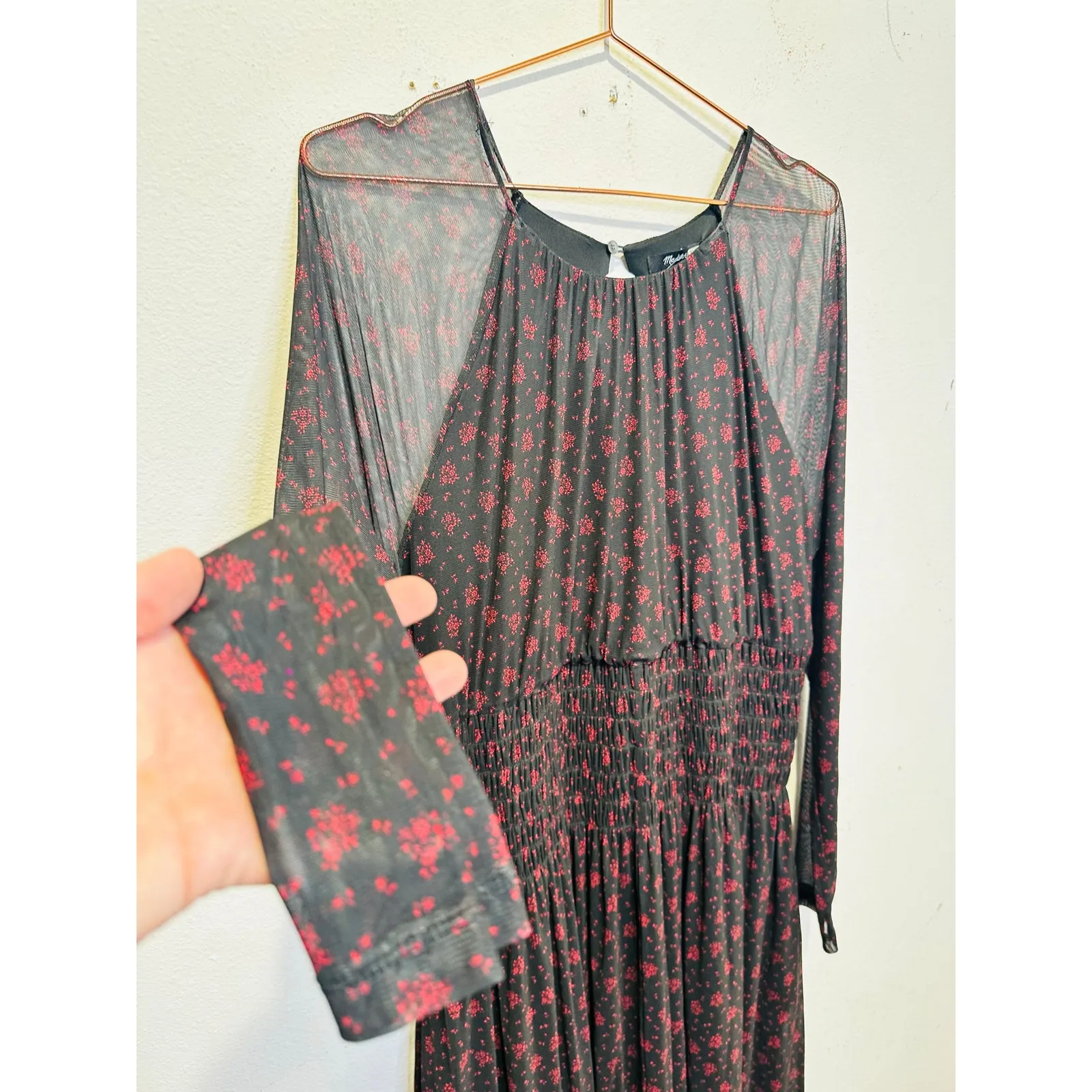 MADEWELL Black Red Smocked Midi Floral Print Sheer Lined Dress size XXL - Image 6