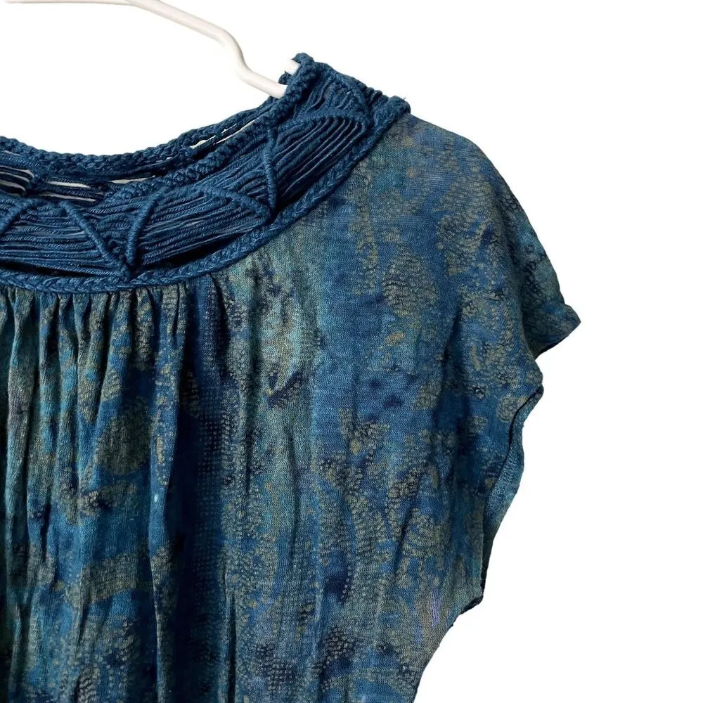 Lucky Brand blue and green vintage party top short sleeved flowy linen rayon - Image 2