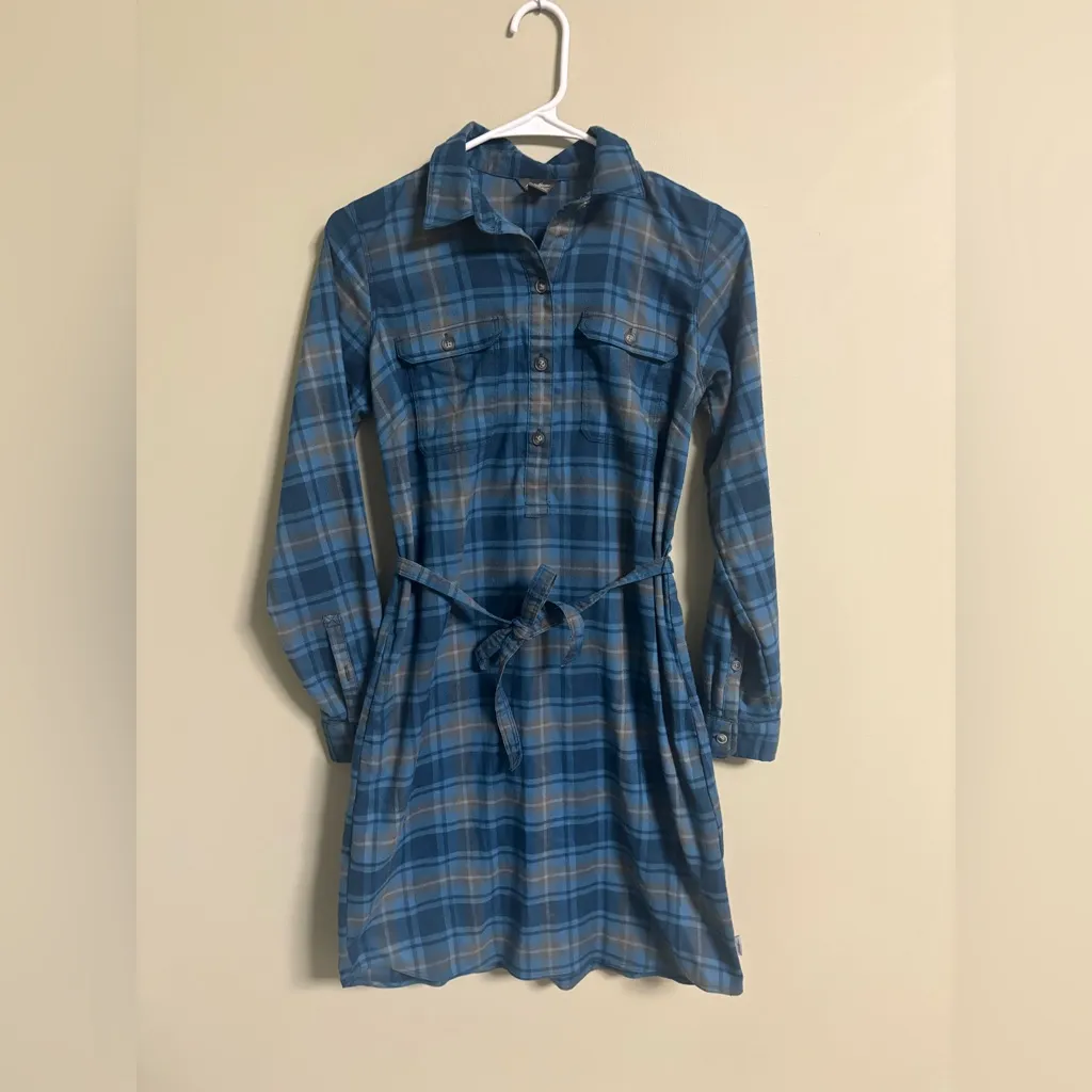Eddie Bauer Blue Plaid Flannel Shirt Dress Size 0 xs Pockets Belt - Image 2