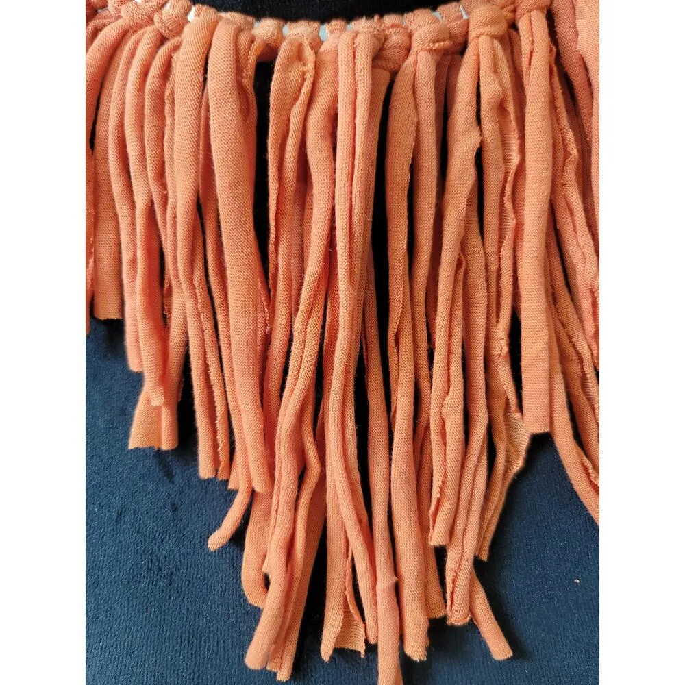 Women's Orange Fabric Fringe Hoop Earrings With Silver Metal Collar Necklace - Image 3