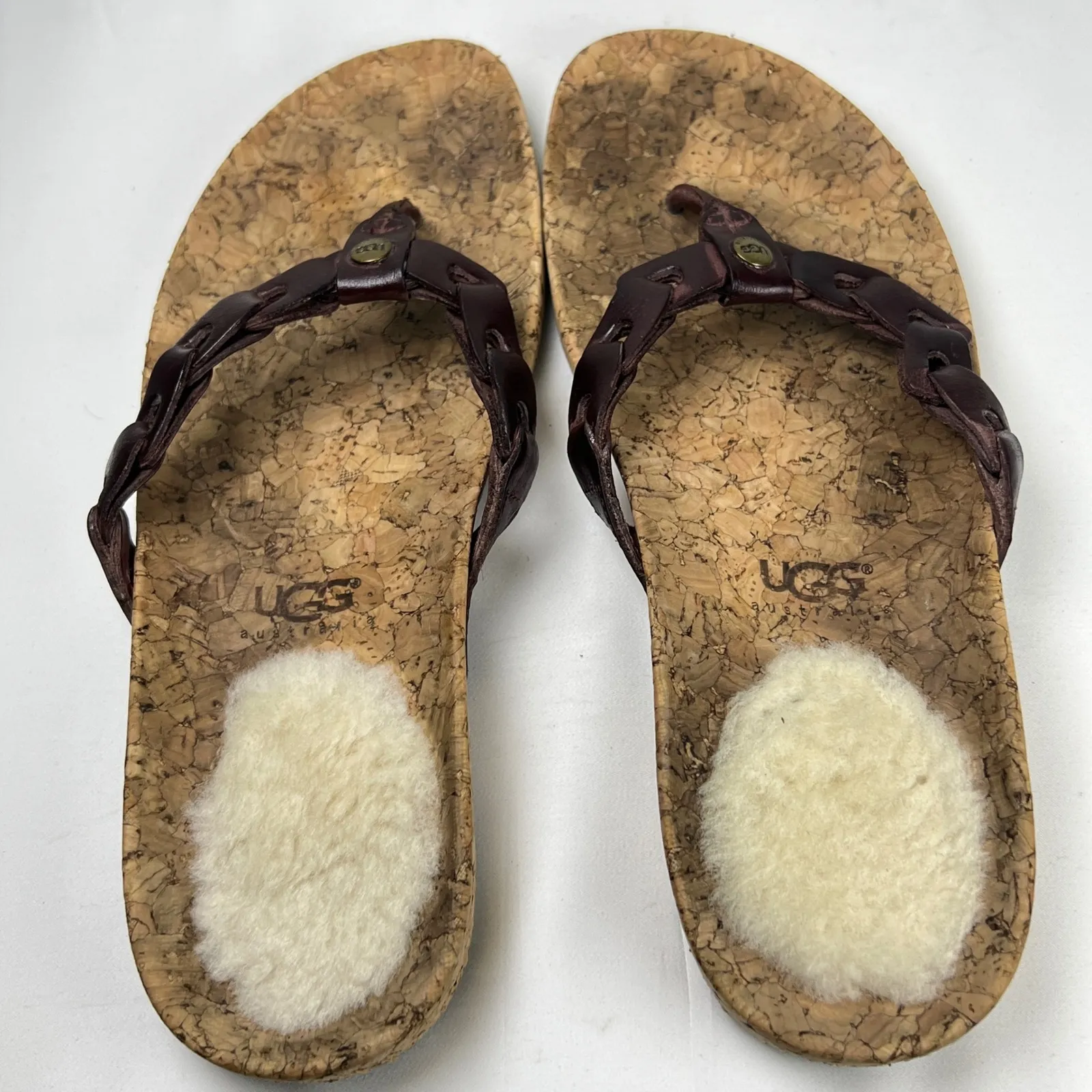 UGG Australia Cork Brown Leather Thong Sandals Shearling Footbed Women US 8 - Image 4