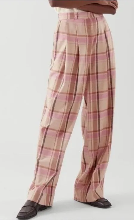 COS Pleated Wide-Leg Checked Trousers in a pink plaid Wool Blend Preppy - Image 1
