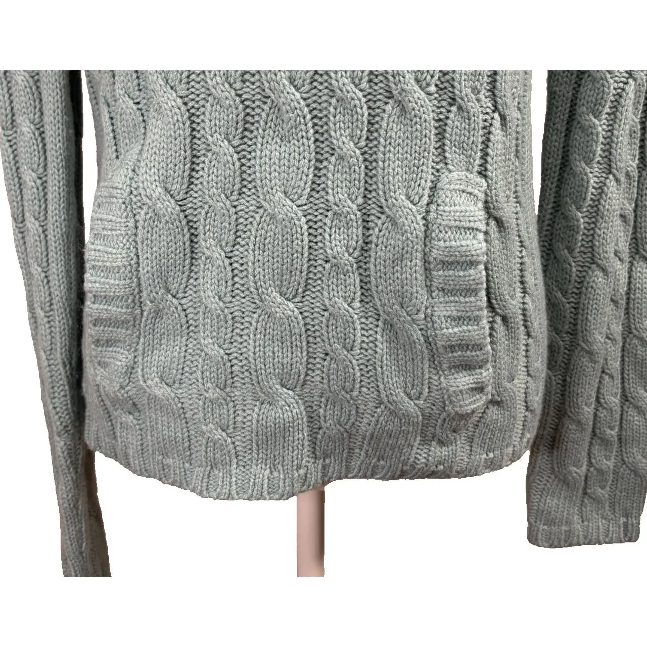 Women's Cable Knit Sweater Seafoam Blue Hooded Tassels Pocket Y2K Cottage Sz L - Image 5