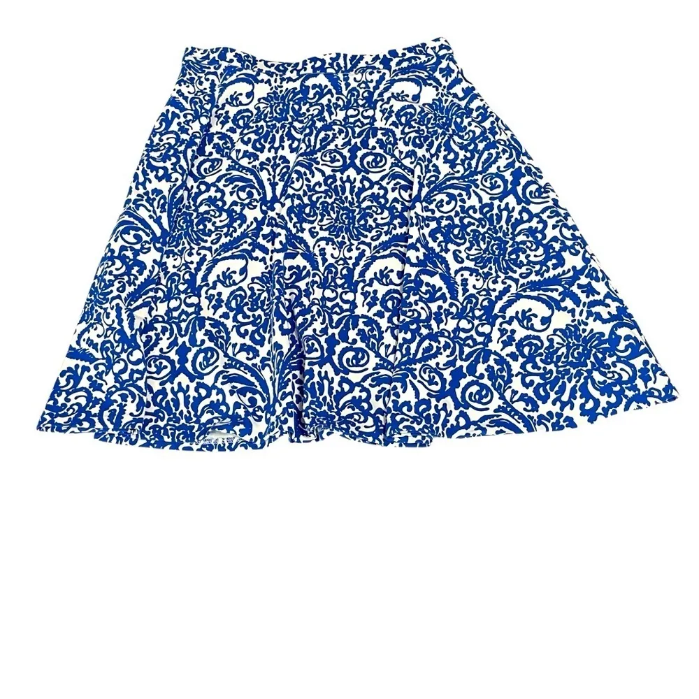 Adrienne Vittadini Blue White Floral Midi Skirt A-Line Stretchy Elastic Waist L - Image 4