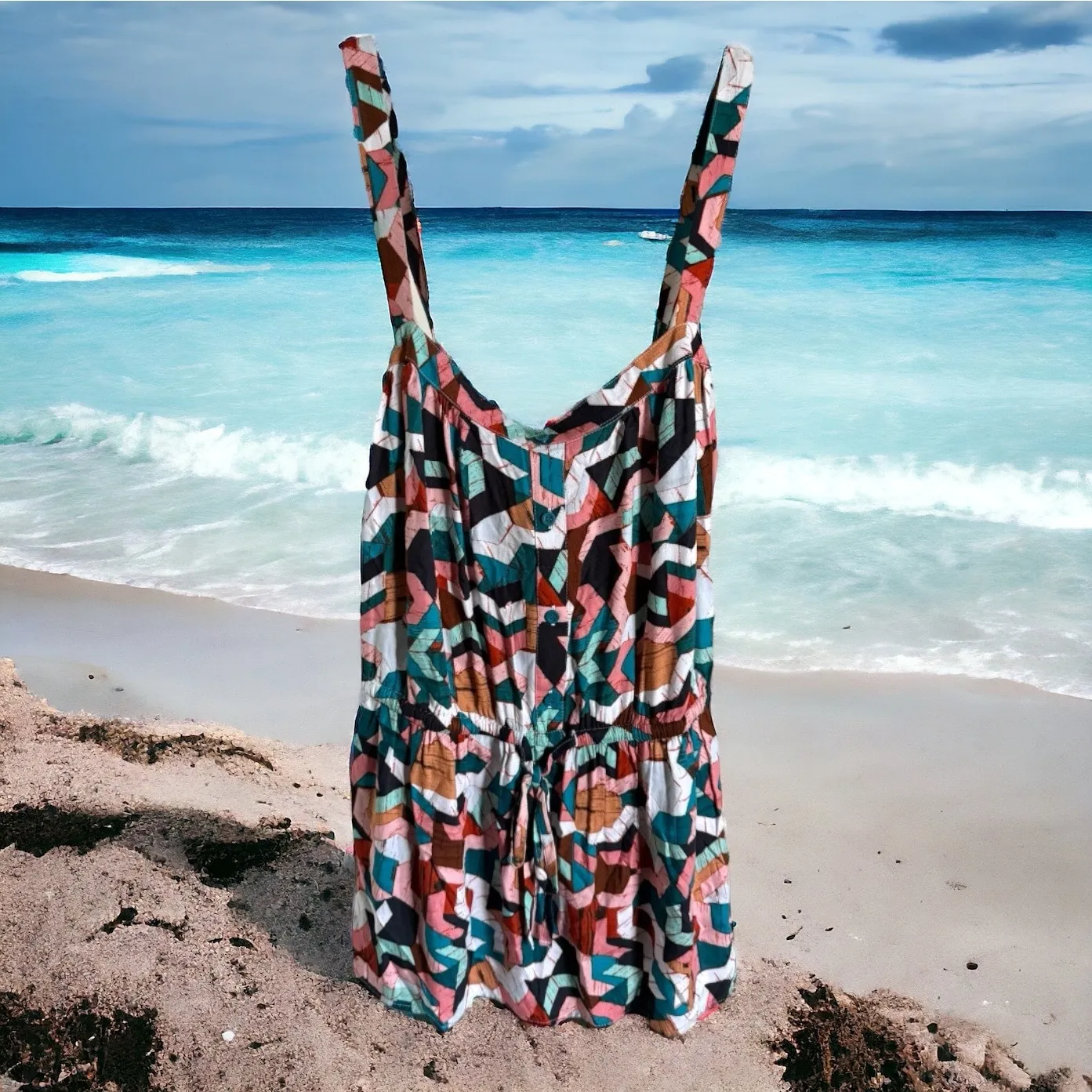 Lane Bryant Womens Tank Sz 26‎ Teal Brown Pink Mustard Adjustable Buttons - Image 2