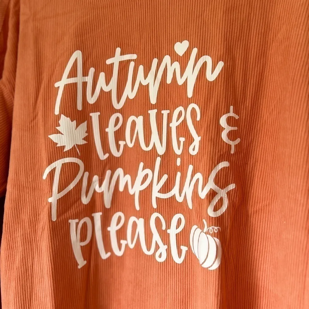 Orange Autumn leaves & pumpkins please ribbed oversized sweatshirt size large - Image 5