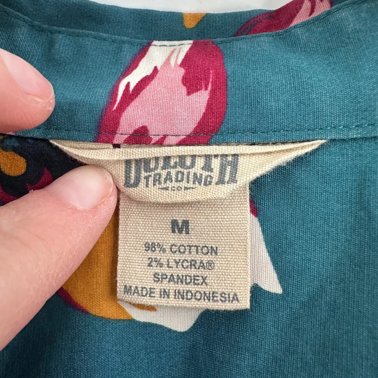 Duluth Floral Print LS Wrinkle Free Button Up Shirt Women M Cotton Spandex Teal Blue Size M - Image 3