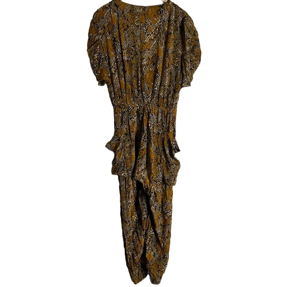 Gilner Farrar Jade Viper Snakeskin Print Puff Sleeve Jumpsuit Size XL Brown - Image 14