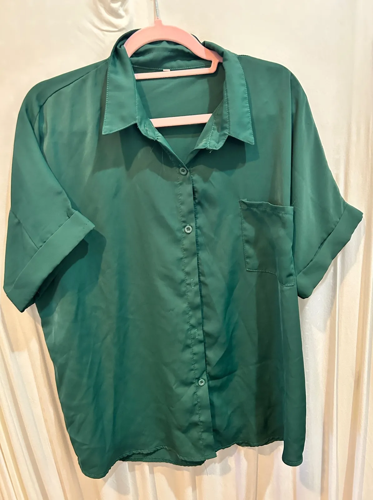 Green Button Up Shirt Short Sleeve Collared Top With Pocket Casual Style Size XL - Image 1