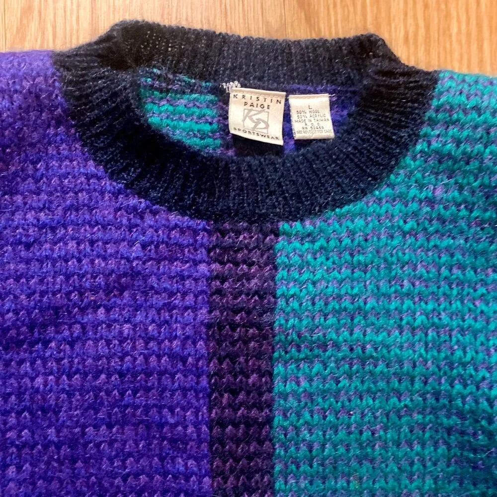 Kristin Paige Vintage Sportswear Blue Striped Chunky Wool Sweater Womens Large - Image 3