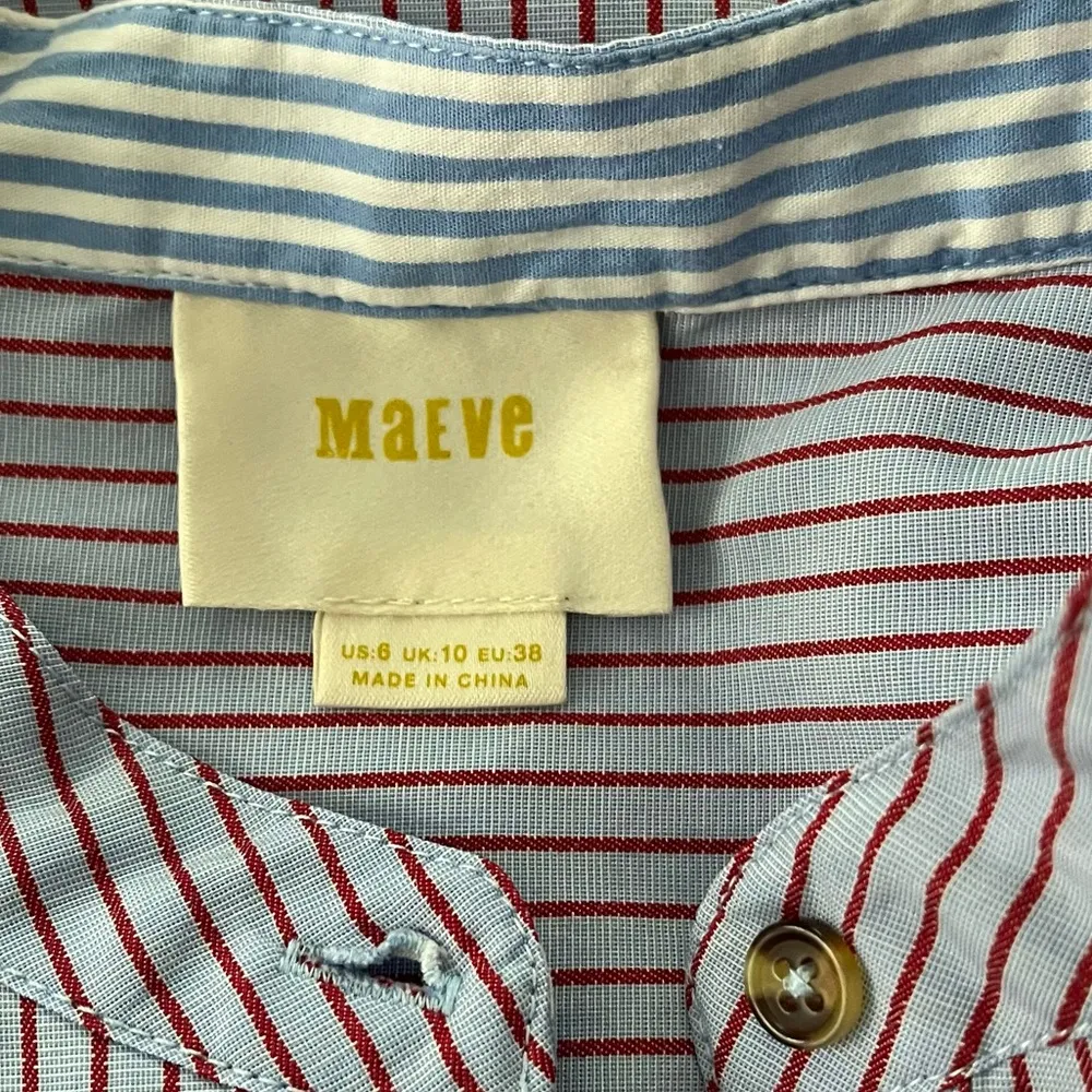 Anthro Maeve Mandarin Collared Blue Red Button Down Bell Sleeve Blouse Size 6 - Image 14