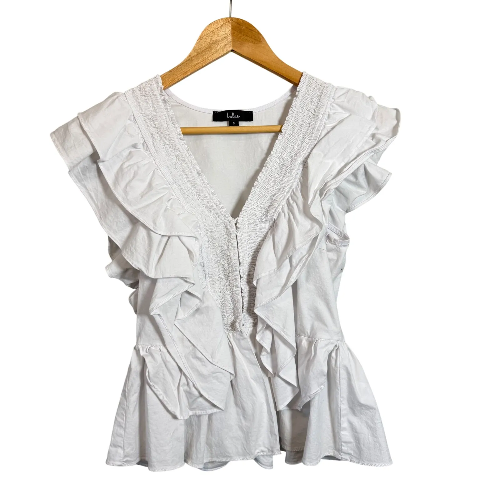Lulus White Ruffle Smocked V Neck Peplum Top Women's Size S - Image 3