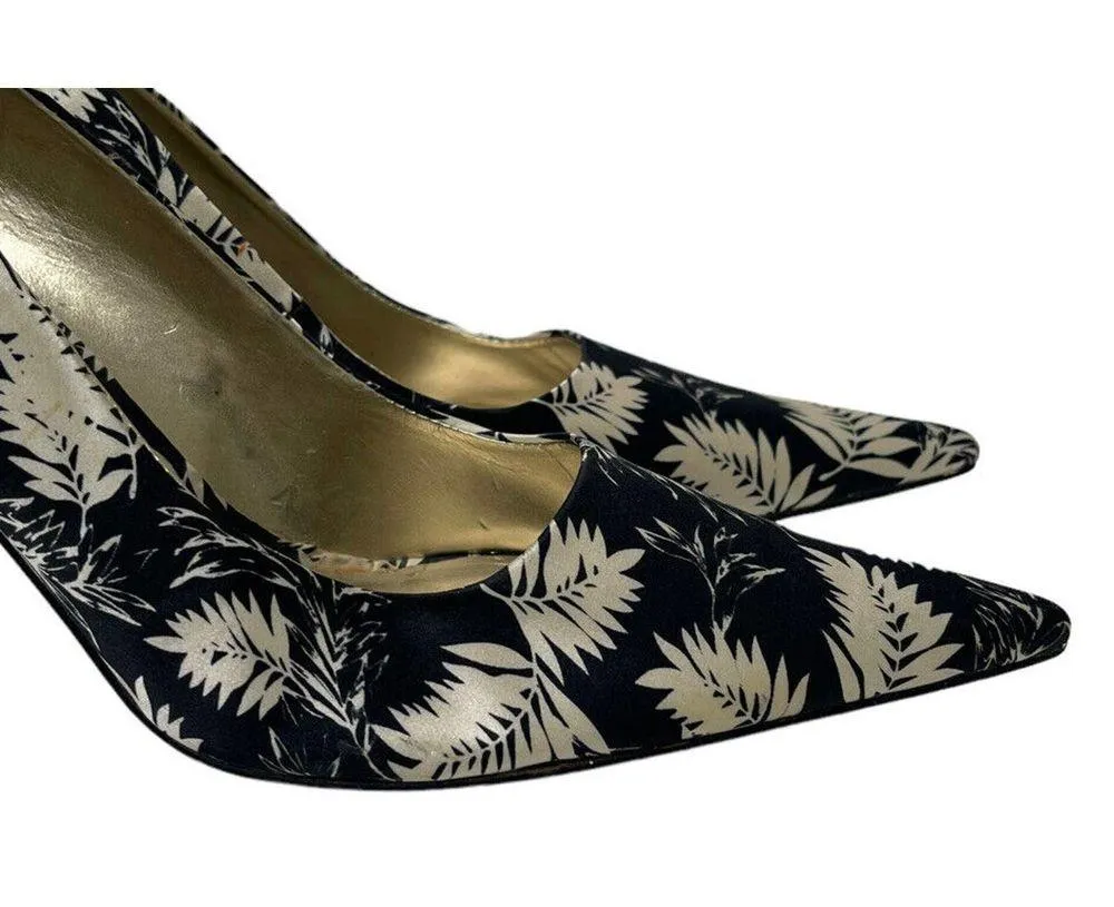 Nine West Freda Black Ivory Palm Leaf Print Pumps Heels Shoes Pointy Toe Work 7M - Image 3