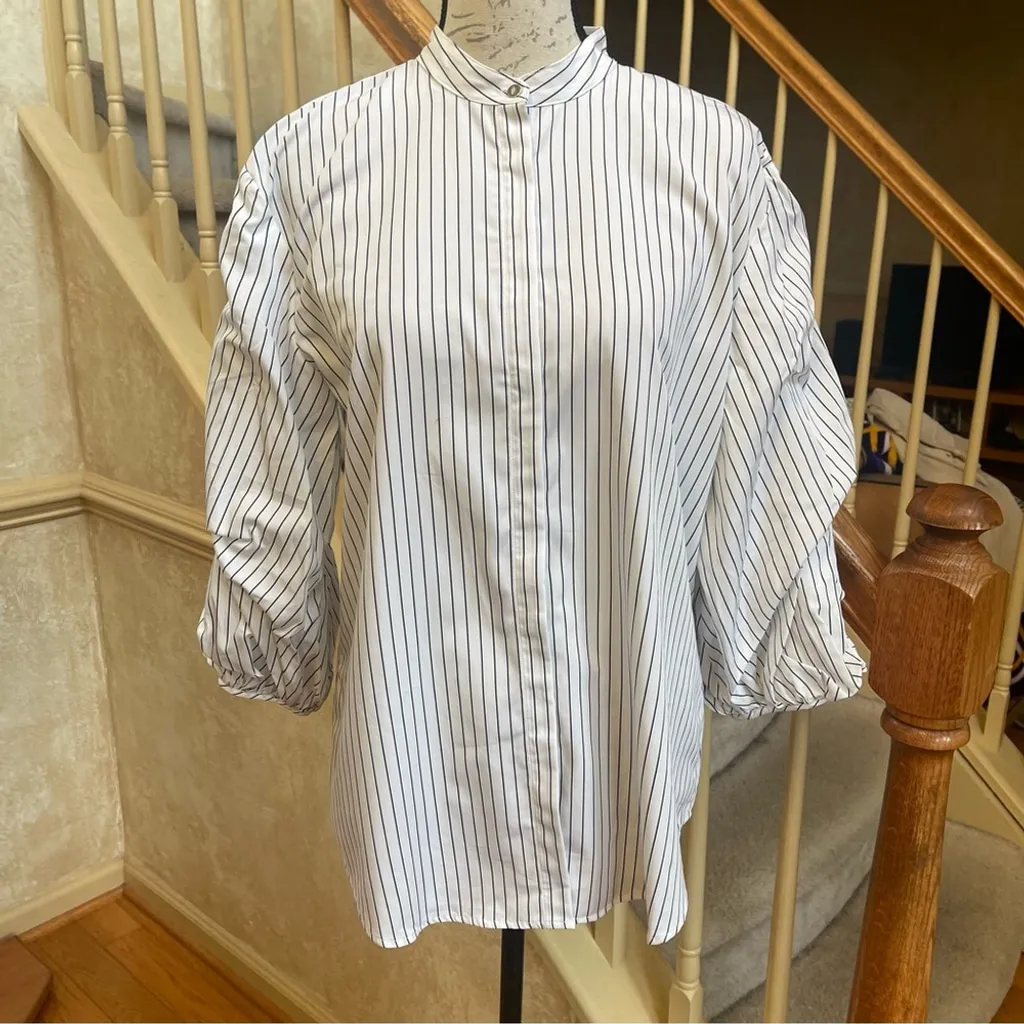 Ralph Lauren Cotton Striped Button-Down Shirt White Puff sleeves Academia L - Image 3