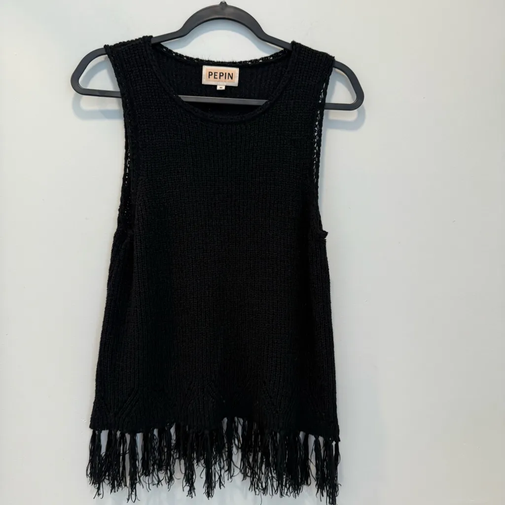 Anthropologie PEPIN black crochet fringe hem knit sweater tank sie M - Image 2