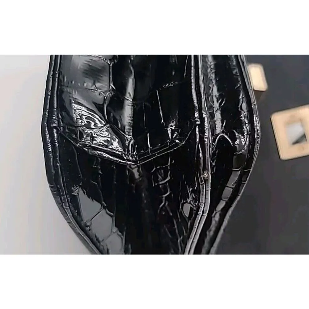 Small Aldo Faux Patent Leather Black and Gold Crossbody Chain Purse Bag - Image 7