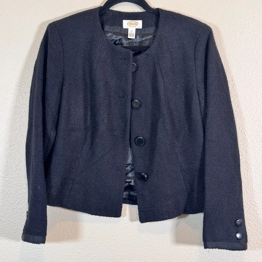 Talbots Black Tweed Blazer Jacket Womens 12P Dark Academia Old Money Retro Glam - Image 9