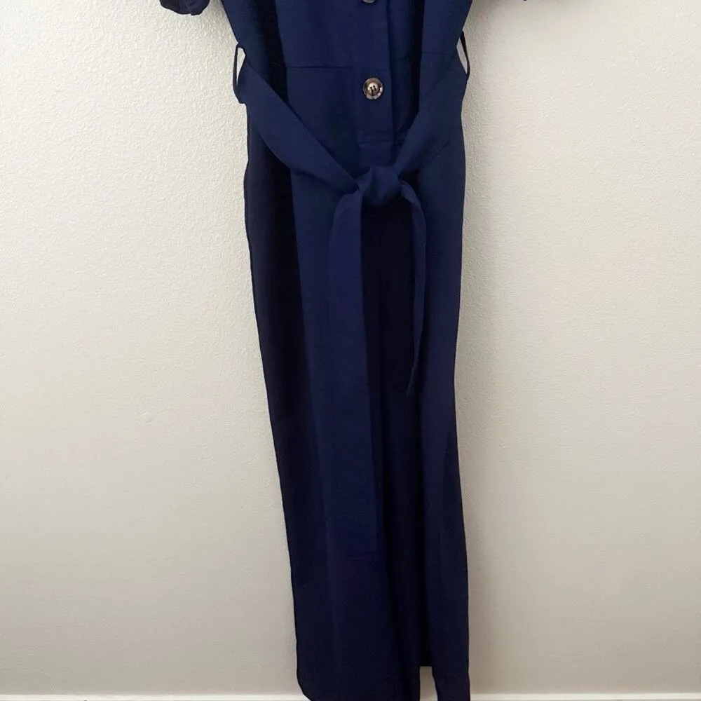 FRNCH | Laurine Jumpsuit Navy Blue Tie Belt Puffed Sleeve Button | Medium - Image 8