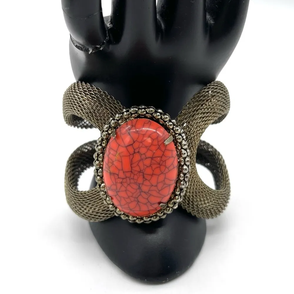 1960s Gold & Silver Tone Mesh with Agate stone Statement Cuff Bracelet Gray - Image 2