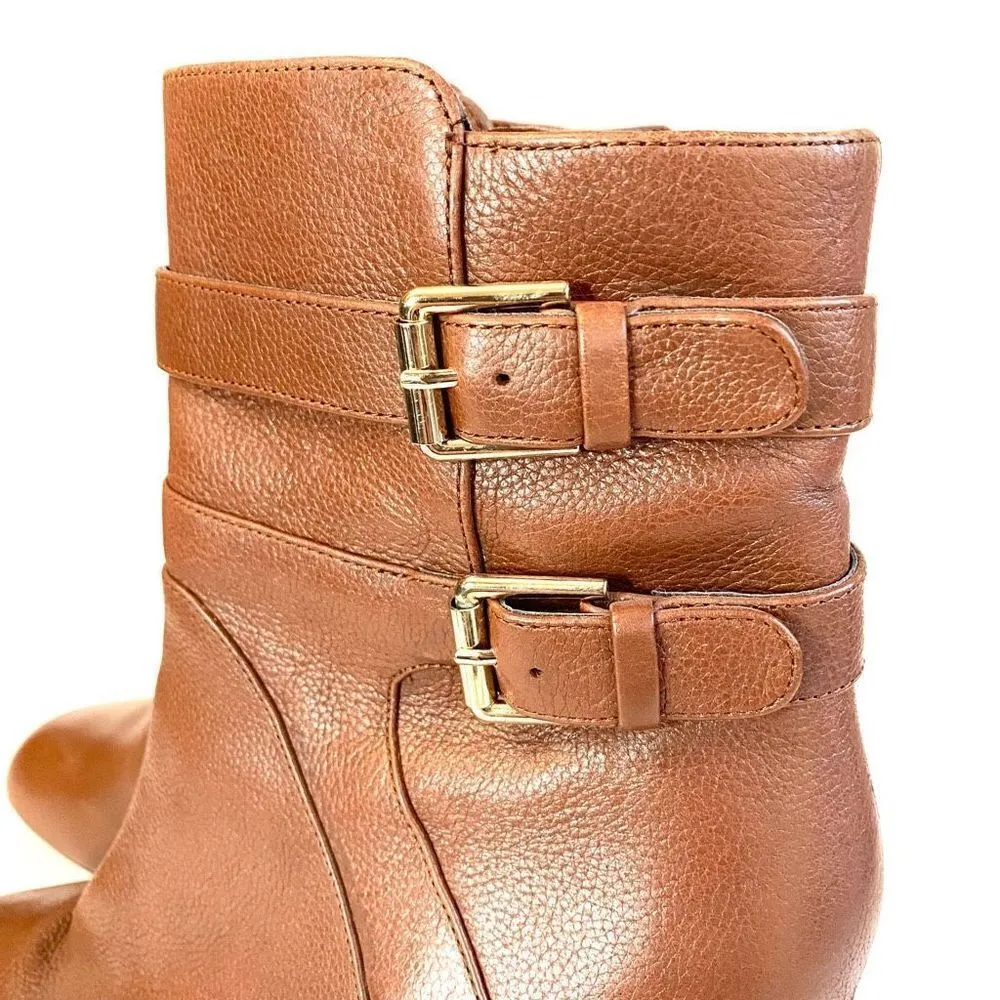 Nine West Nogettuff Ankle Boots Heels Leather Buckle Zip Closure Brown Camel 10 - Image 5
