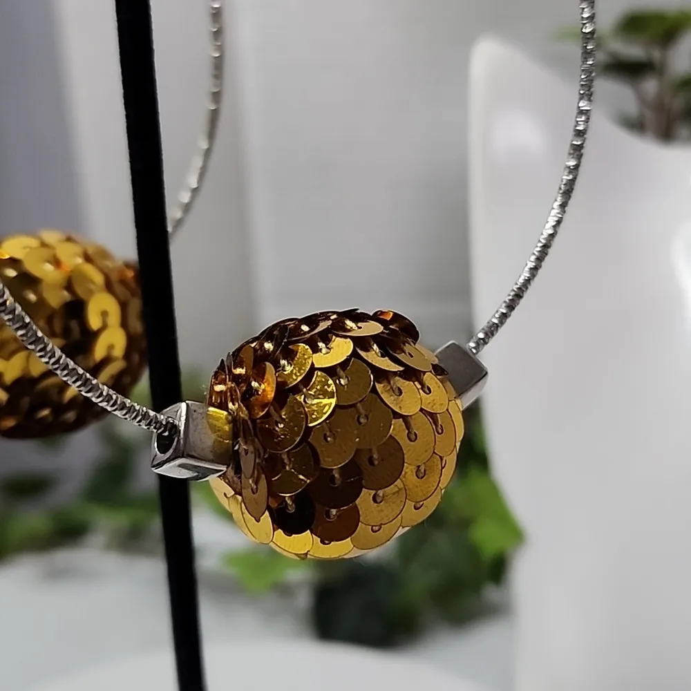 Large Silver Statement Hoop Earrings with Gold Sequin Disco Ball New - Image 3