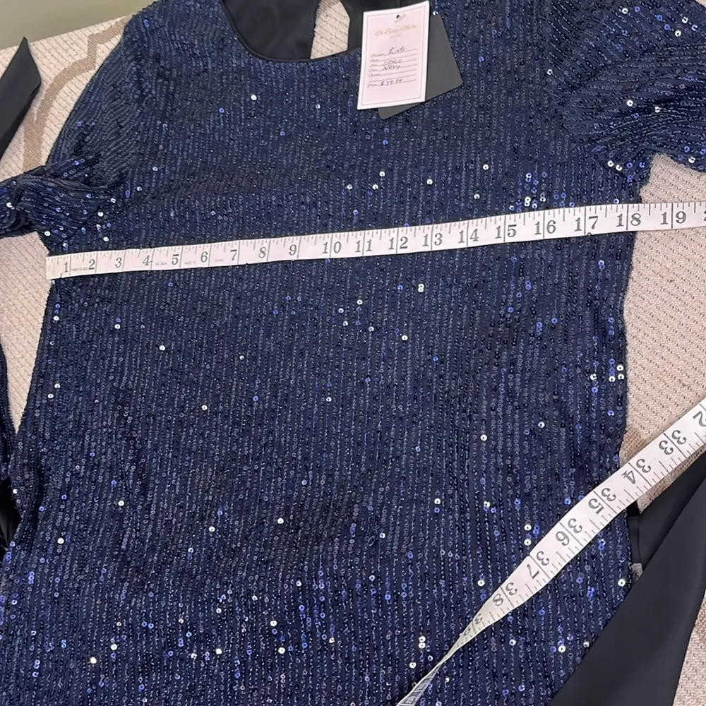 Dress Forum Navy Sequin Balloon Sleeve Contrasting satin Belt,keyhole Back Dress - Image 5