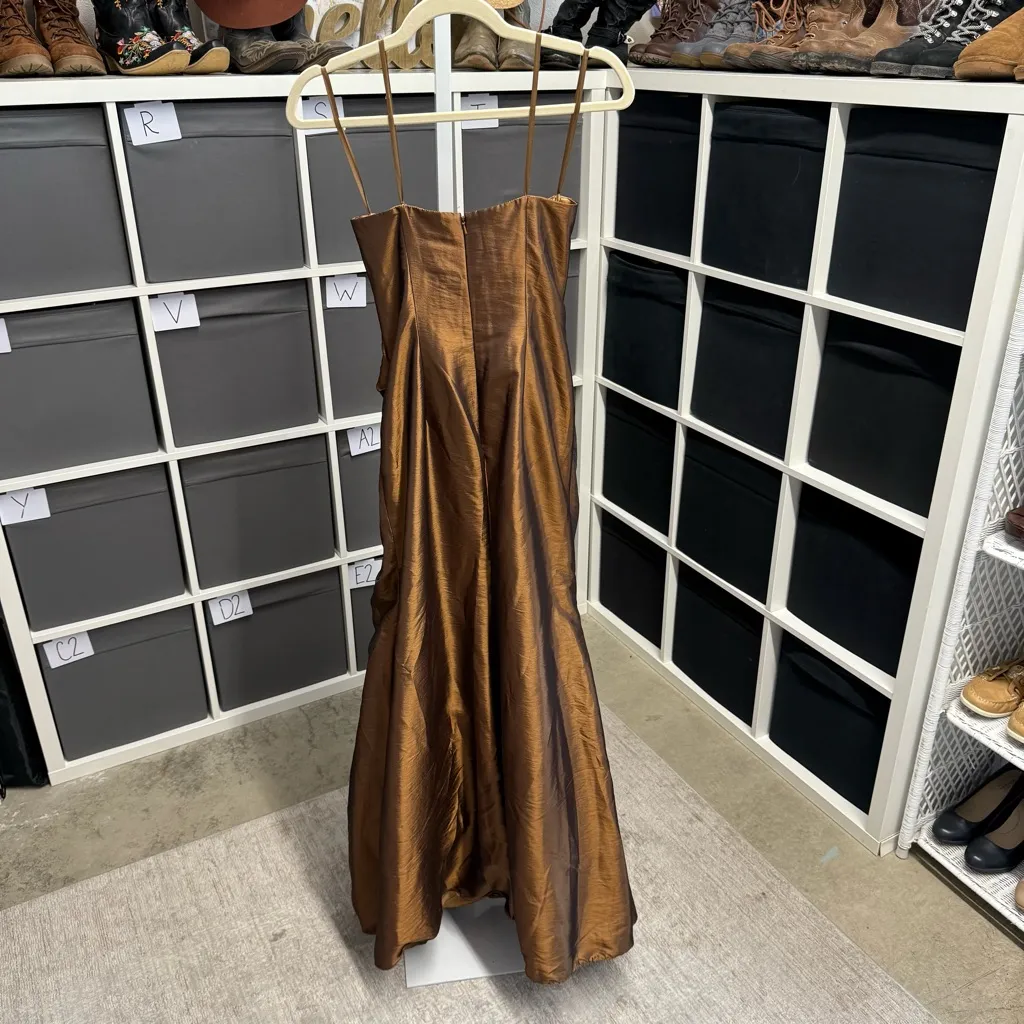 Sally USA Vintage Y2K Copper Satin Rhinestone Brown Strapless Formal Gown - Image 2